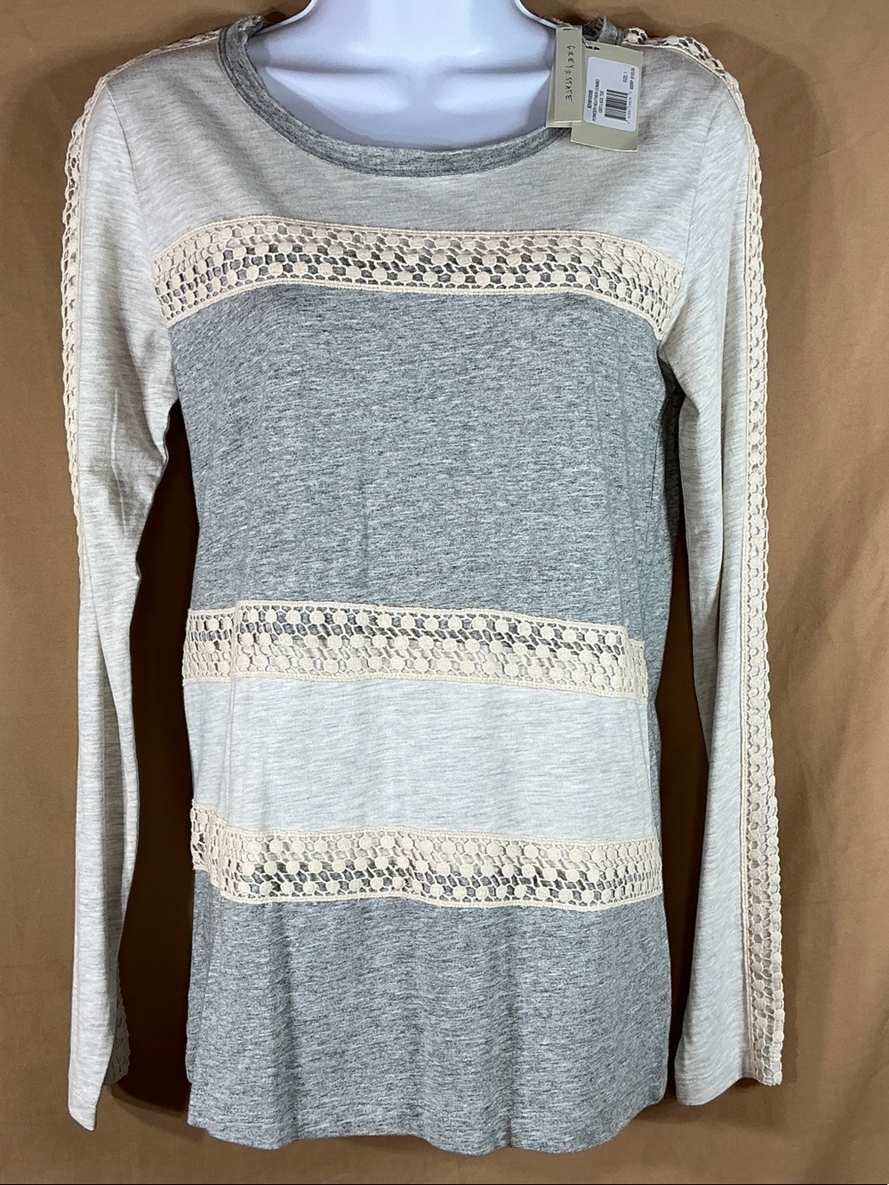 Grey State Geo Lace Long Sleeve Tee - Powder Heather Combo Size 1/Small NWT